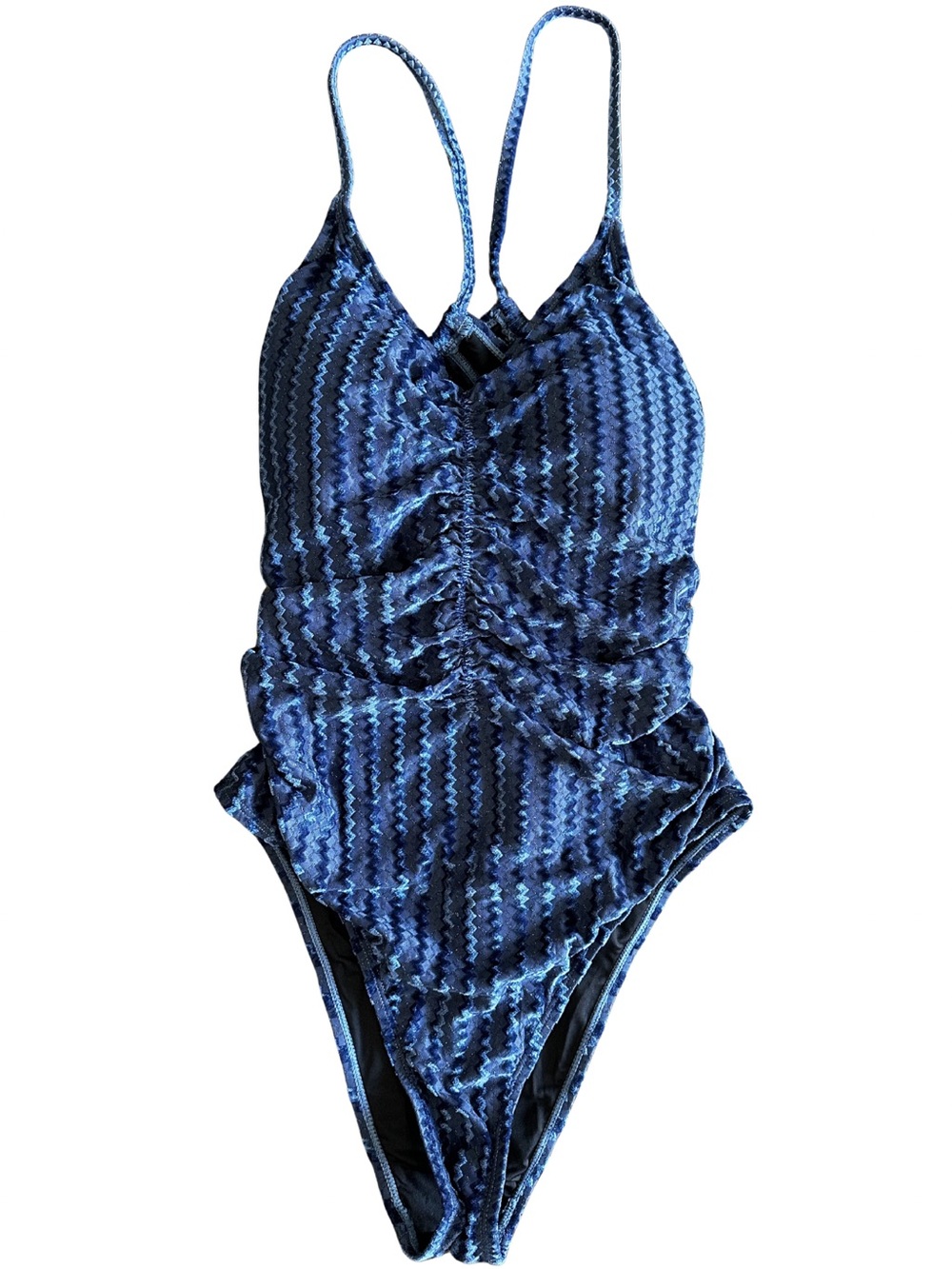 Cupshe Velvet One Piece Swimsuit Large Blue Ruched V Neck Adjustable Straps NWT